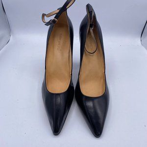 black pointy toe crystal chunky ankle strap heels